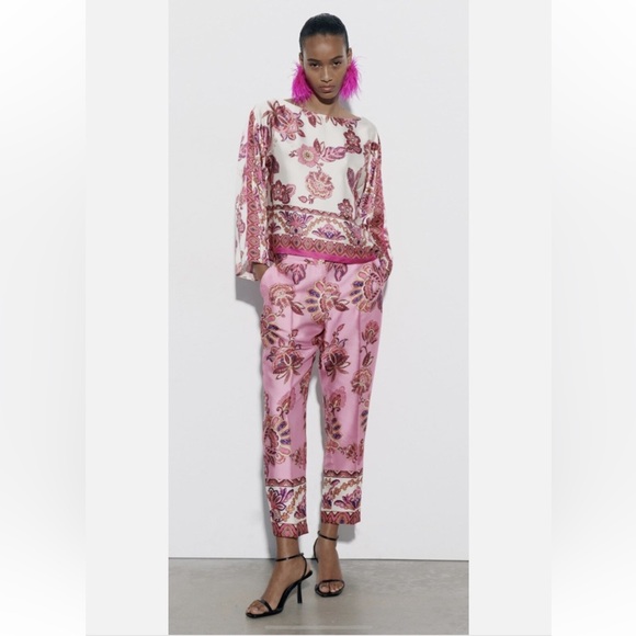 Zara Pants - Zara Vibrant Pink Floral Satin Ankle Length Pants Size Small